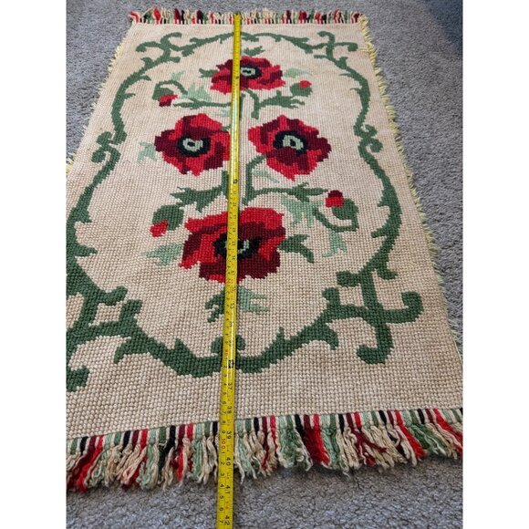 Vtg Floral Poppy Design Woven Textile Tapestry Rug Carpet Handmade 40" x 23" - Picture 3 of 4
